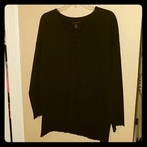 Lace Neck Sweater w/ Raw Hem